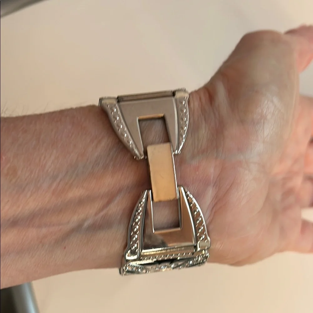 Vintage Dejuno Art Deco silver and black sparkly wide metal quartz watch